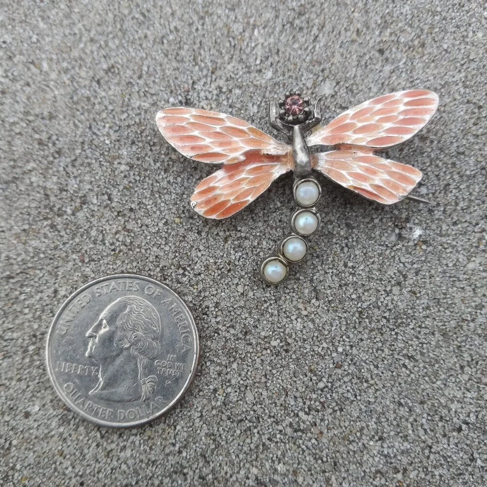 Gerard Yosca Brooch Figural  Vintage Enamel Dragonfly in Silver, Orange + White